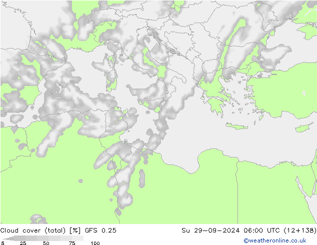 Bewolking (Totaal) GFS 0.25 zo 29.09.2024 06 UTC