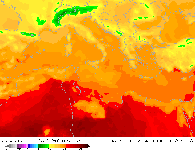 Tiefstwerte (2m) GFS 0.25 Mo 23.09.2024 18 UTC