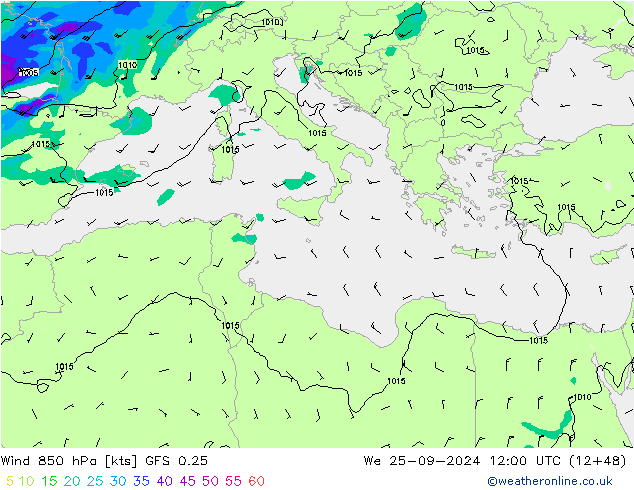 Wind 850 hPa GFS 0.25 Mi 25.09.2024 12 UTC