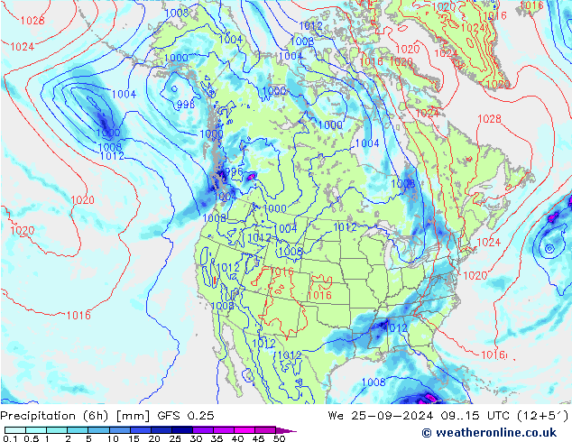 Z500/Rain (+SLP)/Z850 GFS 0.25 Qua 25.09.2024 15 UTC