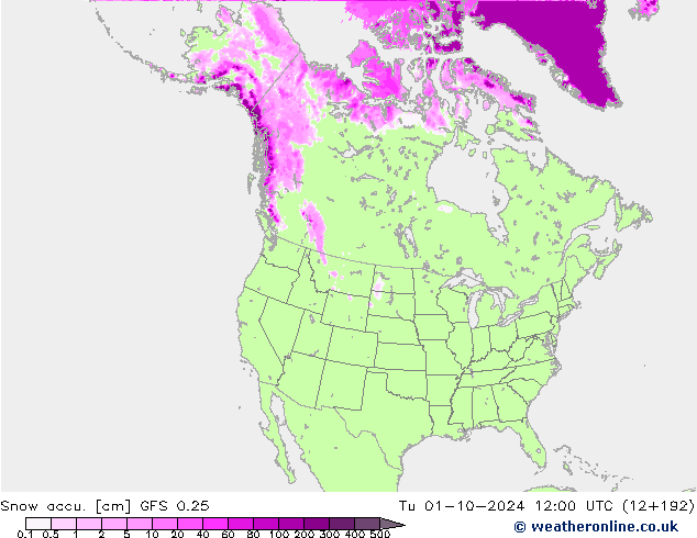 Snow accu. GFS 0.25 Tu 01.10.2024 12 UTC