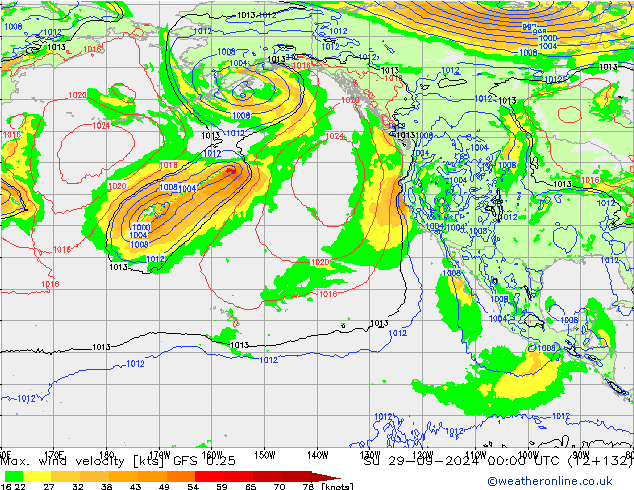 Max. wind snelheid GFS 0.25 zo 29.09.2024 00 UTC