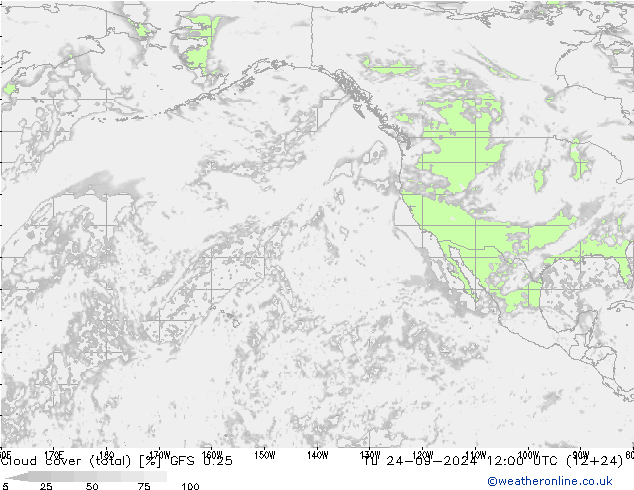 nuvens (total) GFS 0.25 Ter 24.09.2024 12 UTC