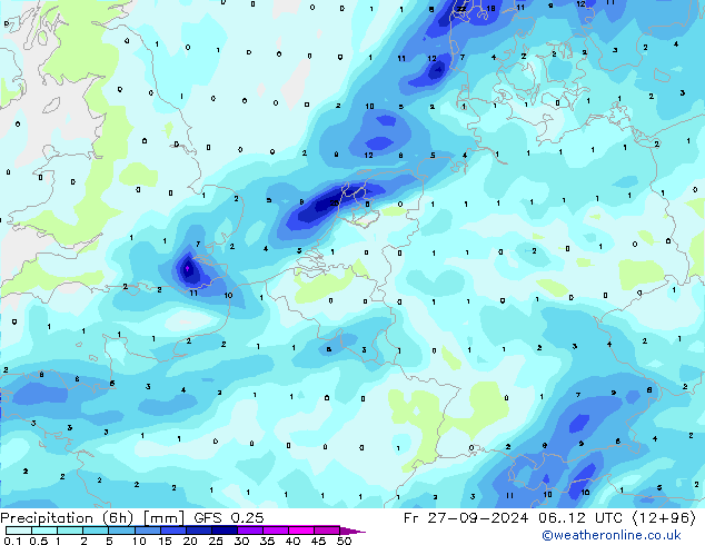 Z500/Rain (+SLP)/Z850 GFS 0.25 Fr 27.09.2024 12 UTC