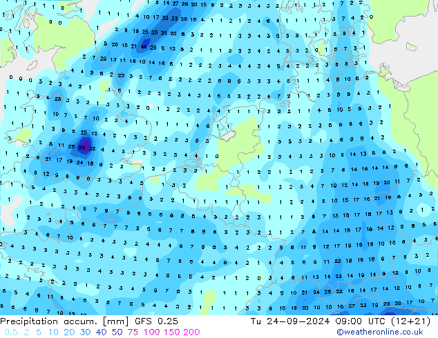 Precipitation accum. GFS 0.25 Tu 24.09.2024 09 UTC