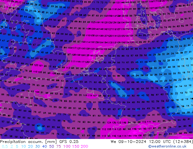 Precipitation accum. GFS 0.25 śro. 09.10.2024 12 UTC