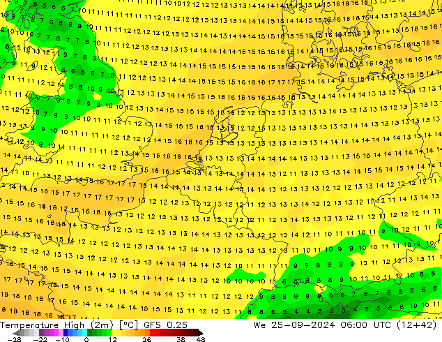 Temperature High (2m) GFS 0.25 We 25.09.2024 06 UTC