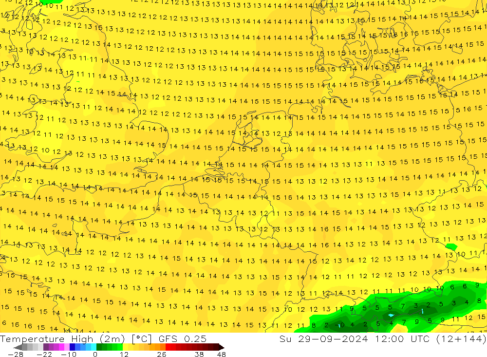 Nejvyšší teplota (2m) GFS 0.25 Ne 29.09.2024 12 UTC