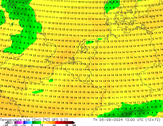 Temperature Low (2m) GFS 0.25 Th 26.09.2024 12 UTC