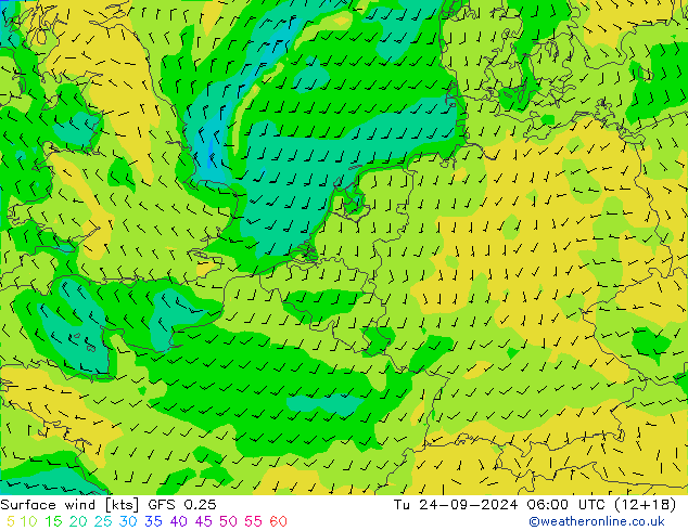 Surface wind GFS 0.25 Tu 24.09.2024 06 UTC