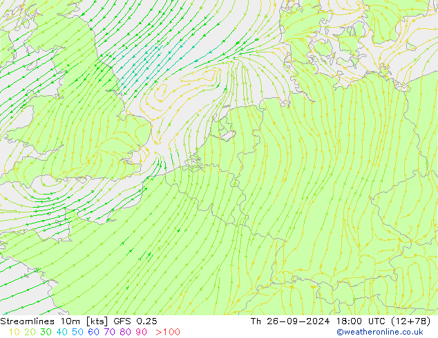 Linia prądu 10m GFS 0.25 czw. 26.09.2024 18 UTC