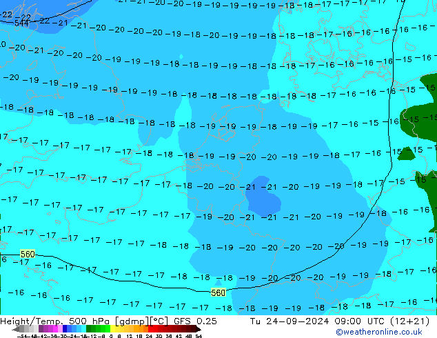 Z500/Rain (+SLP)/Z850 GFS 0.25 Út 24.09.2024 09 UTC