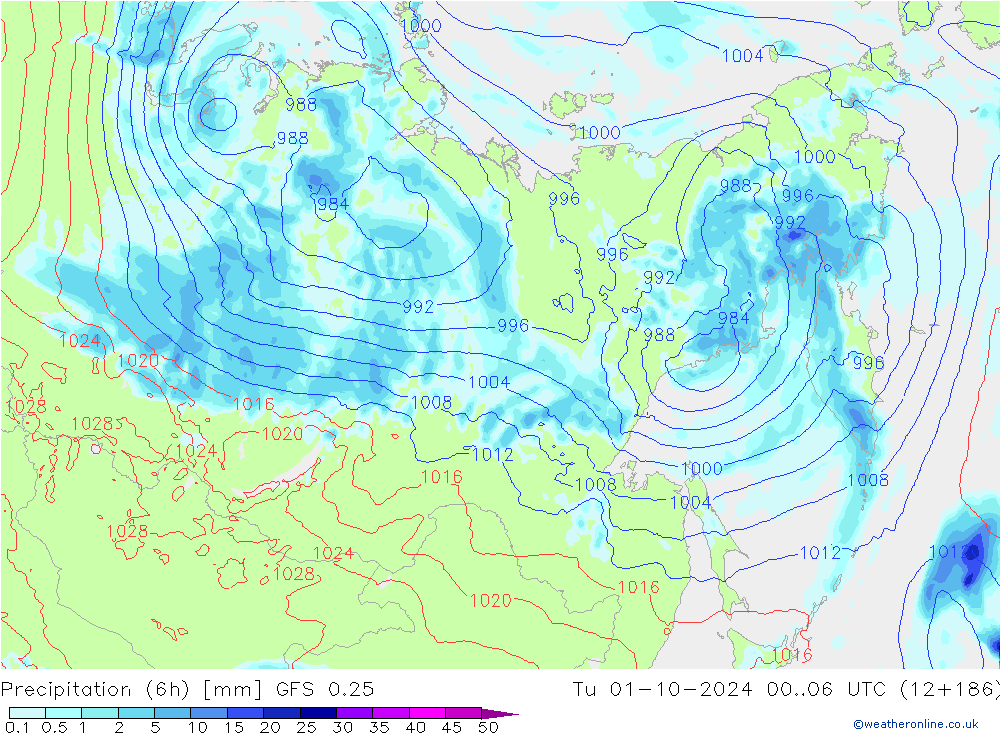 Precipitation (6h) GFS 0.25 Tu 01.10.2024 06 UTC