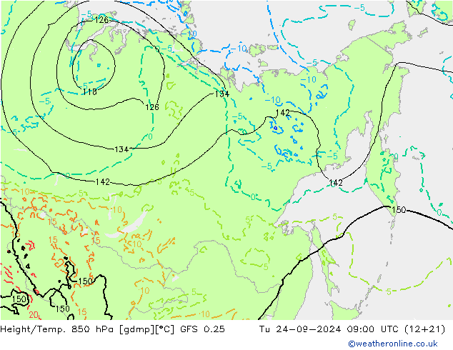 Z500/Rain (+SLP)/Z850 GFS 0.25 wto. 24.09.2024 09 UTC