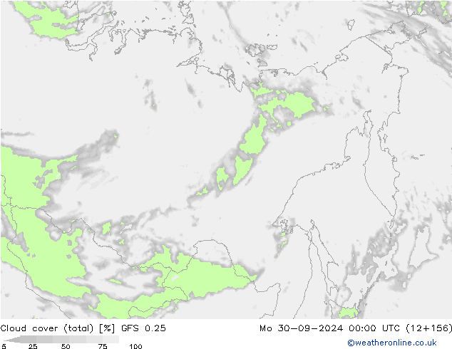 Cloud cover (total) GFS 0.25 Mo 30.09.2024 00 UTC