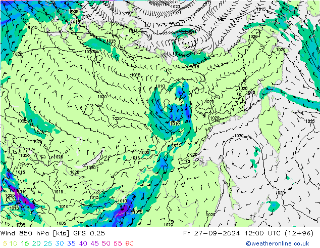 ветер 850 гПа GFS 0.25 пт 27.09.2024 12 UTC