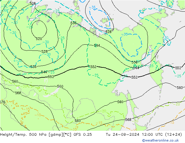 Z500/Rain (+SLP)/Z850 GFS 0.25  24.09.2024 12 UTC