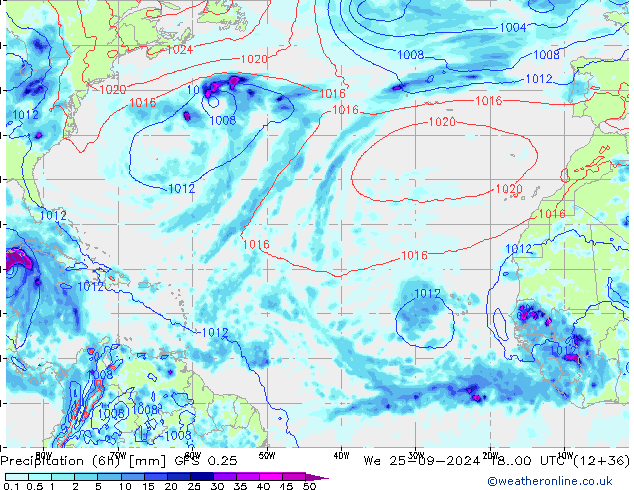 Z500/Rain (+SLP)/Z850 GFS 0.25  25.09.2024 00 UTC