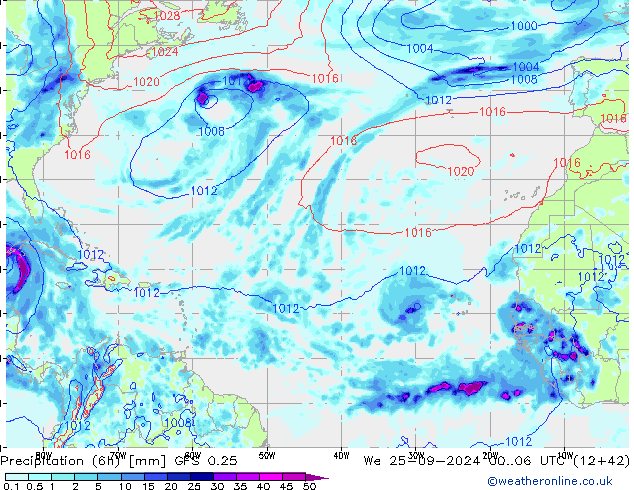 Z500/Rain (+SLP)/Z850 GFS 0.25 We 25.09.2024 06 UTC