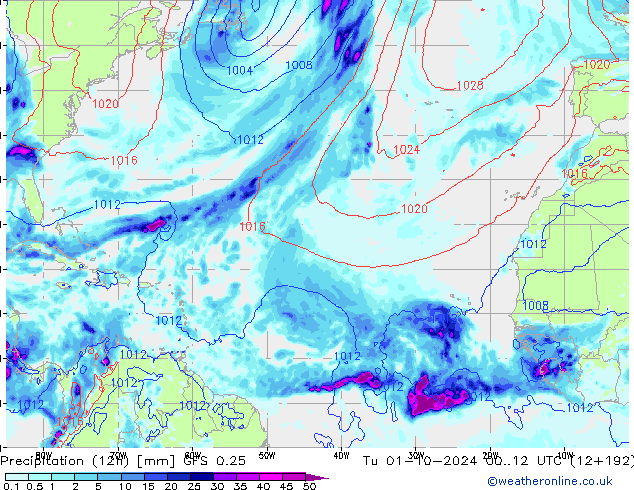 осадки (12h) GFS 0.25 вт 01.10.2024 12 UTC