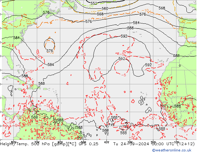 Z500/Rain (+SLP)/Z850 GFS 0.25 wto. 24.09.2024 00 UTC