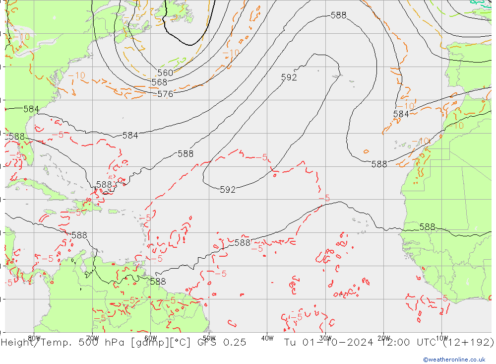 Z500/Rain (+SLP)/Z850 GFS 0.25 Tu 01.10.2024 12 UTC