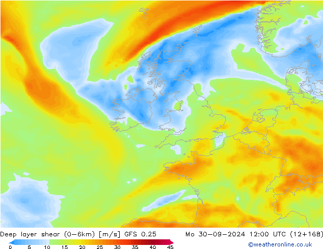 Deep layer shear (0-6km) GFS 0.25 Mo 30.09.2024 12 UTC