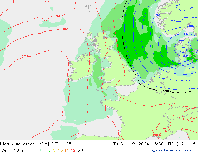 High wind areas GFS 0.25 Tu 01.10.2024 18 UTC