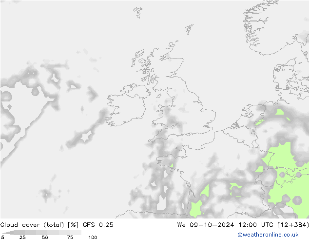 nuvens (total) GFS 0.25 Qua 09.10.2024 12 UTC