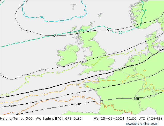 Z500/Rain (+SLP)/Z850 GFS 0.25 Mi 25.09.2024 12 UTC