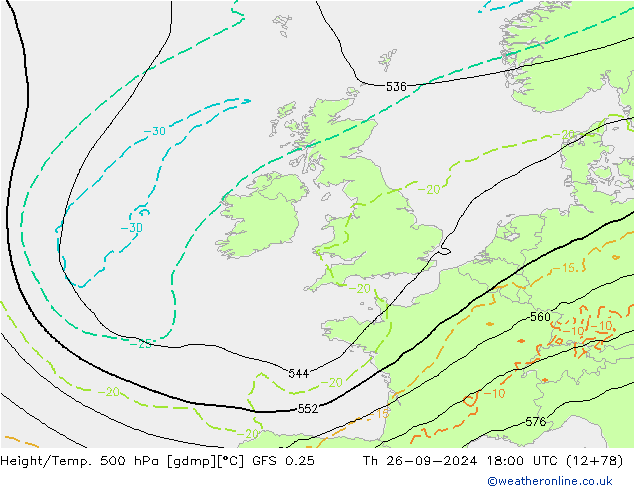 Z500/Rain (+SLP)/Z850 GFS 0.25 Čt 26.09.2024 18 UTC