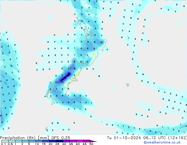 Z500/Rain (+SLP)/Z850 GFS 0.25 Ter 01.10.2024 12 UTC