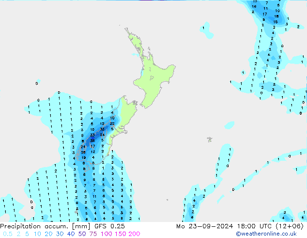 Precipitation accum. GFS 0.25 Mo 23.09.2024 18 UTC