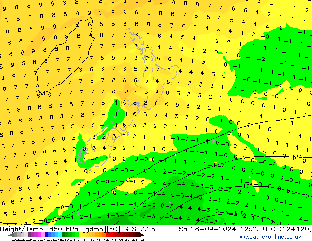 Height/Temp. 850 hPa GFS 0.25 sab 28.09.2024 12 UTC