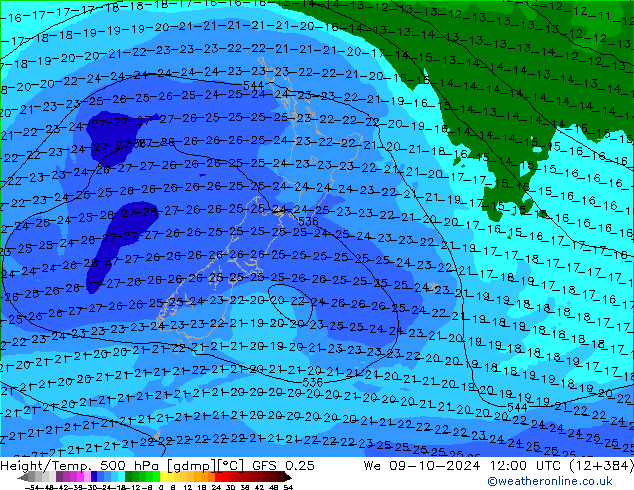 Height/Temp. 500 hPa GFS 0.25 mer 09.10.2024 12 UTC