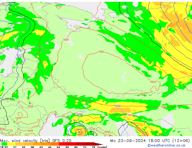 Max. wind velocity GFS 0.25 Seg 23.09.2024 18 UTC