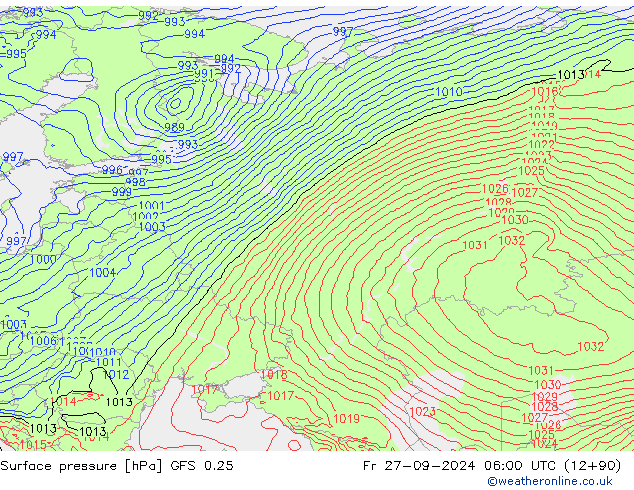 Luchtdruk (Grond) GFS 0.25 vr 27.09.2024 06 UTC