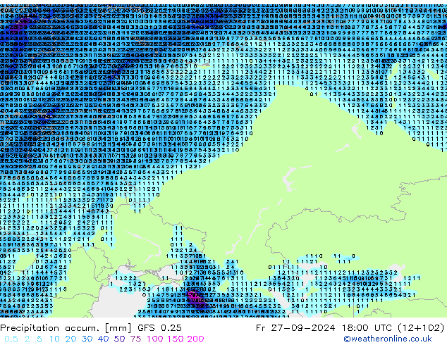 Totale neerslag GFS 0.25 vr 27.09.2024 18 UTC