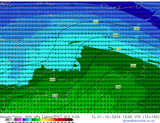 Z500/Rain (+SLP)/Z850 GFS 0.25 mar 01.10.2024 12 UTC