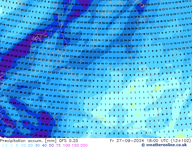 Precipitation accum. GFS 0.25 Fr 27.09.2024 18 UTC