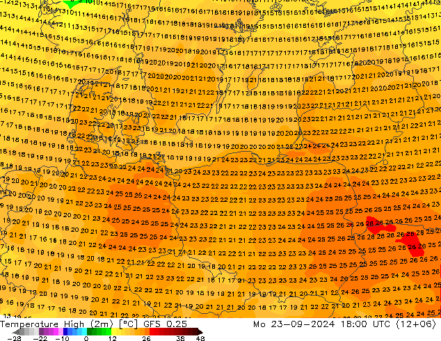 Nejvyšší teplota (2m) GFS 0.25 Po 23.09.2024 18 UTC