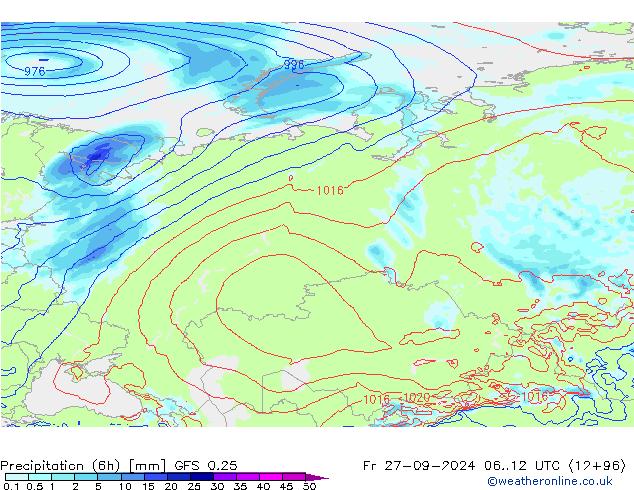 Z500/Rain (+SLP)/Z850 GFS 0.25 Fr 27.09.2024 12 UTC