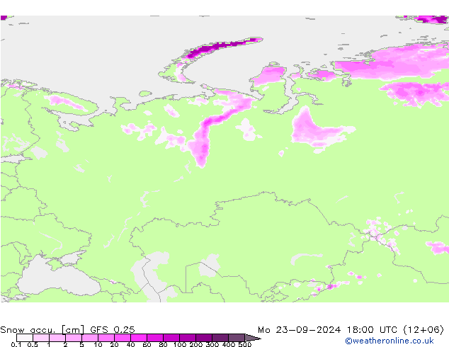 Snow accu. GFS 0.25 pon. 23.09.2024 18 UTC