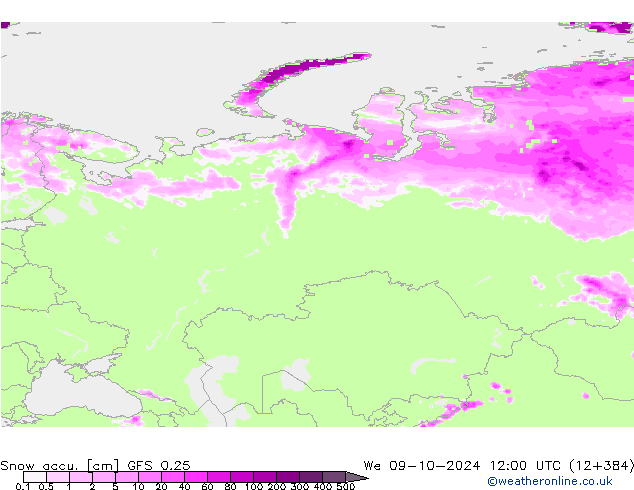 Snow accu. GFS 0.25 mer 09.10.2024 12 UTC