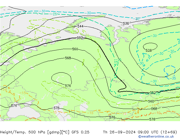 Z500/Rain (+SLP)/Z850 GFS 0.25 Th 26.09.2024 09 UTC