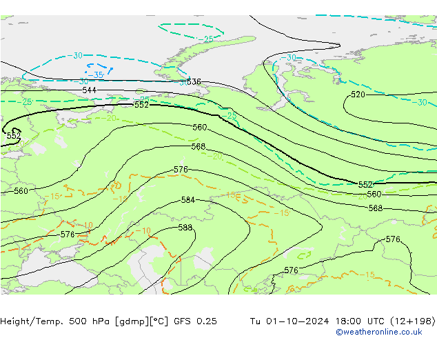 Z500/Rain (+SLP)/Z850 GFS 0.25 Ter 01.10.2024 18 UTC