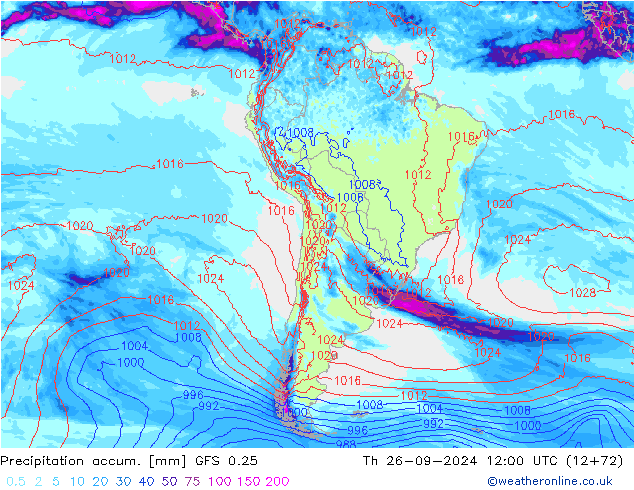 Precipitation accum. GFS 0.25 Th 26.09.2024 12 UTC