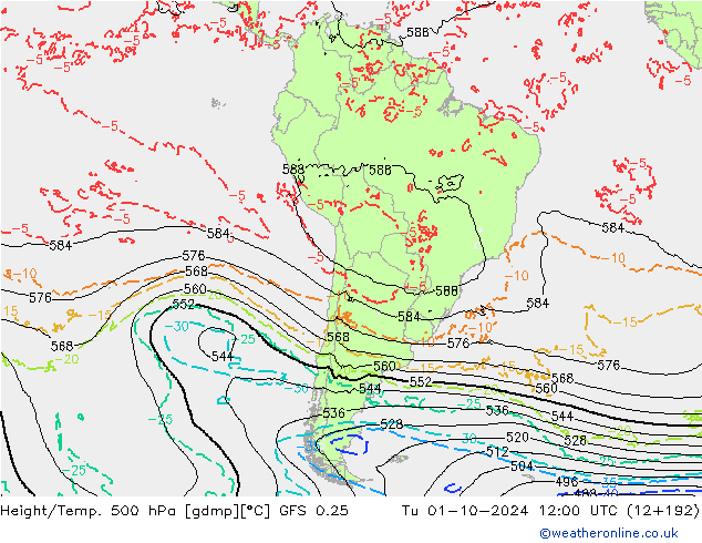 Z500/Yağmur (+YB)/Z850 GFS 0.25 Sa 01.10.2024 12 UTC