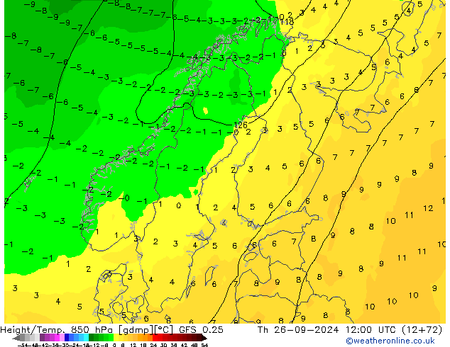 Z500/Rain (+SLP)/Z850 GFS 0.25  26.09.2024 12 UTC