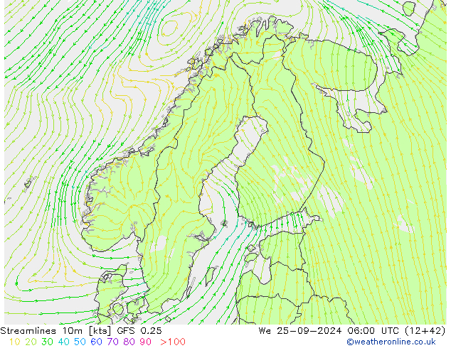 Stroomlijn 10m GFS 0.25 wo 25.09.2024 06 UTC